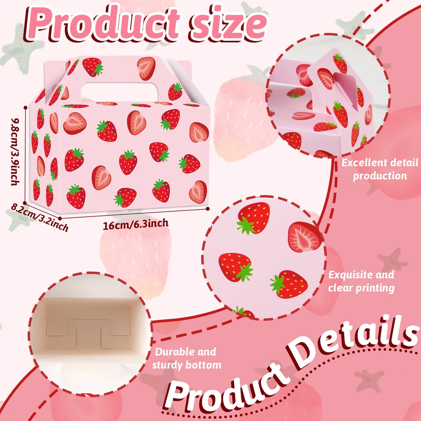GRADESIN Strawberry Box for Party Favors, 24 Pcs Strawberry Gift Candy Treat Boxes Bags for Berry First Birthday Baby Shower Party Decor Supplies, 6.3 x 3.2 x 3.9 Inch