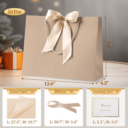 PASEOTA 12.6" Gift Bags Bulk, 10 Pcs Gift Bags with 20 Tissue Paper 10 Greeting Cards, Luxury Bag with Handles for Wedding Birthday Graduation Fathers' Day (Champagne)