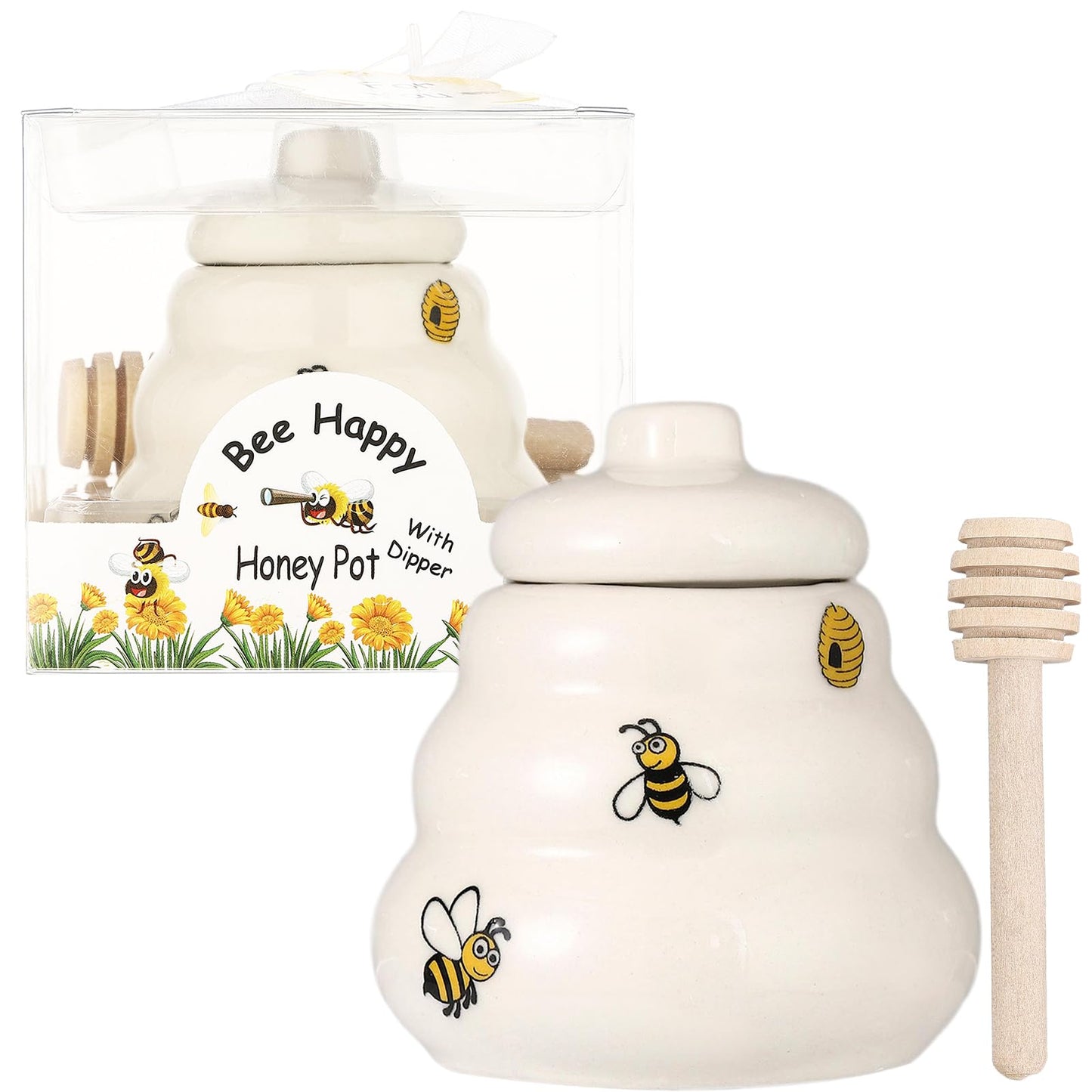 12 Sets Ceramic Bee-Happy Honey Pot with Dipper，Honey Jar Serving Set with Exquisiting Package for Wedding Favor,Bridal Shower Favor, Baby Shower Favor，Party Favor (12)