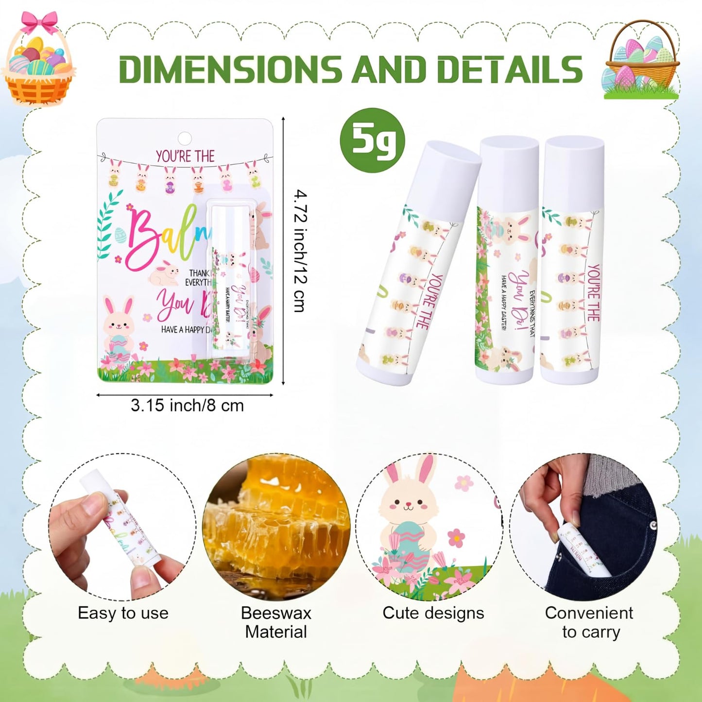 48 Pack Easter Basket Stuffers Lip Balm Gifts Bulk Easter Basket Fillers Party Favors for Adults Women Teacher Coworkers Thank You Gift Set You're the Balm Moisturizing Lip Care (Bunny)