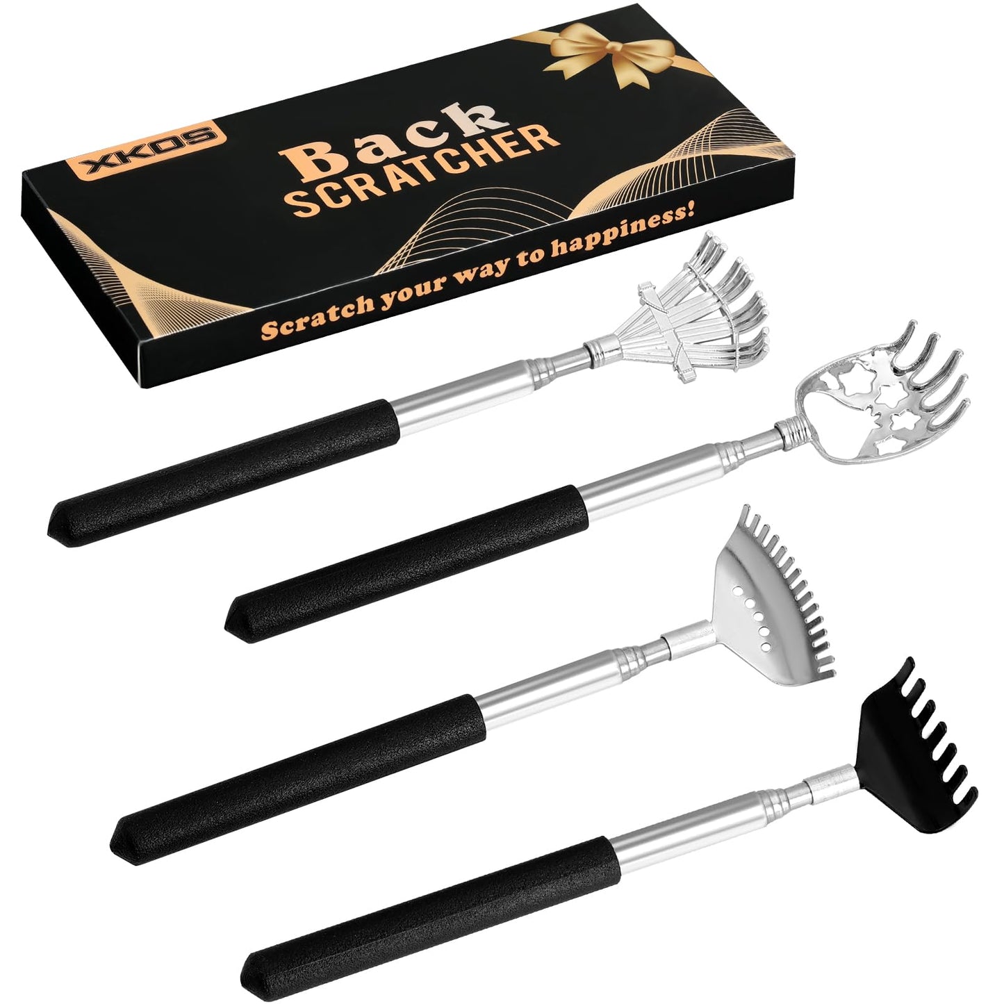 XKOS 4 Pack Different Back Scratcher Portable Telescoping with Rubber Handles, Extendable Metal Back Massager Tool with Beautiful Box, Stocking Stuffers for Men Women Adults (Black)