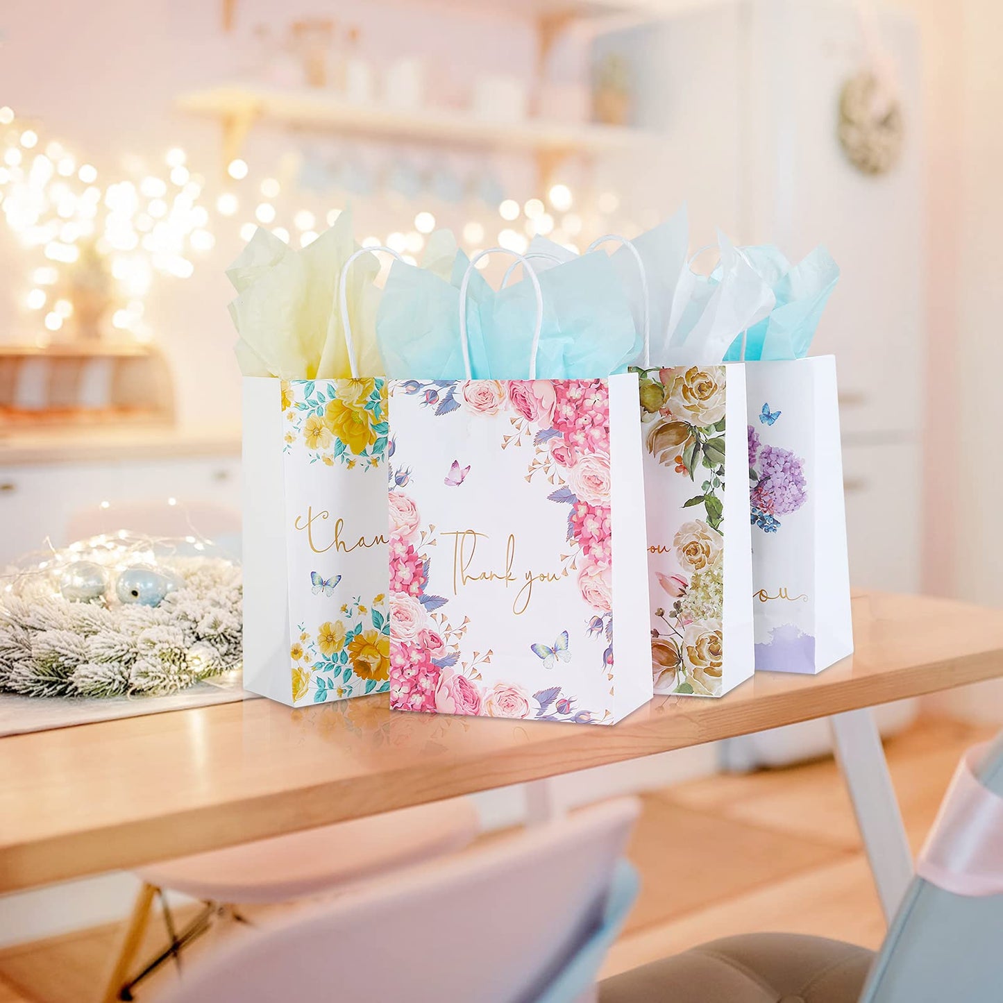 Kesote Small Thank You Gift Bags 12 Pack Floral Design Thank You Bags with Handles, 8.6" X 6.2" X 3" White Kraft Paper Bags Favor Bag Gift Bags for Small Business Wedding Bridal Shower Baby Shower