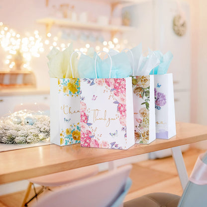 Kesote Small Thank You Gift Bags 12 Pack Floral Design Thank You Bags with Handles, 8.6" X 6.2" X 3" White Kraft Paper Bags Favor Bag Gift Bags for Small Business Wedding Bridal Shower Baby Shower