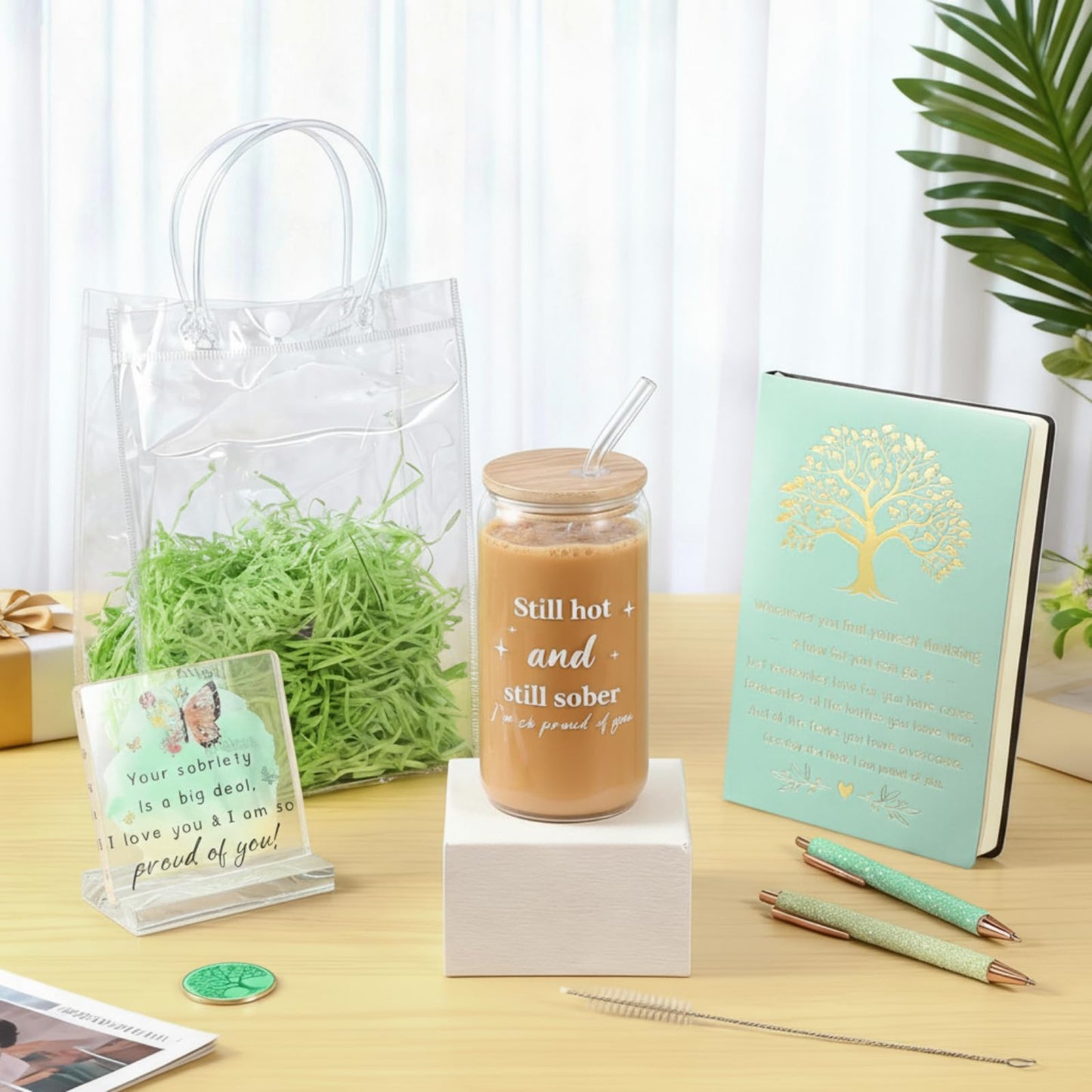 Potchen 7 Pcs Sobriety Gifts Set for Women Men Your Sobriety Is a Big Deal Plaque Sign Sober Glass Tumbler Leather Journal Notebook Pens Coin PVC Bag, Recovery Presents(Sage Green)
