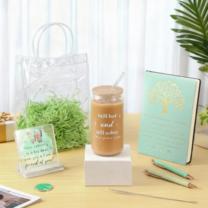 Potchen 7 Pcs Sobriety Gifts Set for Women Men Your Sobriety Is a Big Deal Plaque Sign Sober Glass Tumbler Leather Journal Notebook Pens Coin PVC Bag, Recovery Presents(Sage Green)