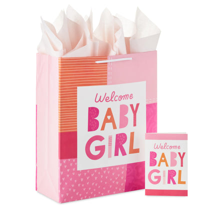 Hallmark 15" Extra Large Gift Bag with Card and Tissue Paper for Baby Shower (Welcome Baby Girl, Pink and Orange) for New Parents, Coworkers, Sister