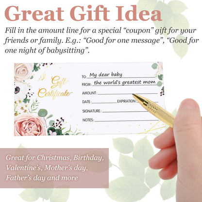 Zonon 100 Pcs gift certificates for business Blank Present Certificate Double Sided Floral Gold Foil Customer Client Paper Voucher Cards for Birthday, Spa, Work Business Present Card, 4.8 x 2.4 Inch