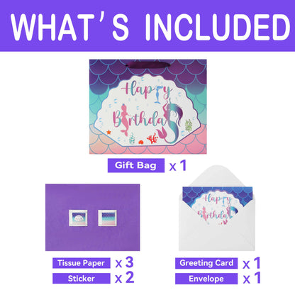 Qirrmiy 13" Large Purple Gift Bag Set with Greeting Card and Lavender Tissue Papers (Mermaid Design) for Girls' Birthday Party, Women's Birthday Parties, Baby Girl - 13”x5.2”x10.2”, 1 Pcs.