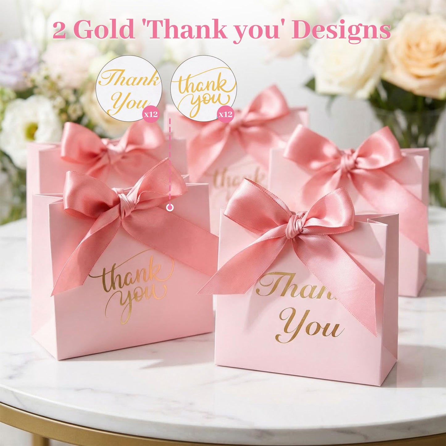 VGOODALL 24PCS Thank You Gift Bags, 4.5x3.9x1.8Inches Mini Party Favor Bags Pink small Candy Boxes with Ribbon Small Gift Boxes for Wedding Bridal Baby Shower Birthday Party