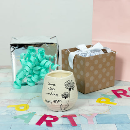 Pavilion Gift Company Never Stop Wishing Happy 40th Birthday - 8 oz Soy Wax Candle with Wick in A Yellow Ceramic Vessel 8 oz-100 Scent: Serenity, 3.5 Inch Tall