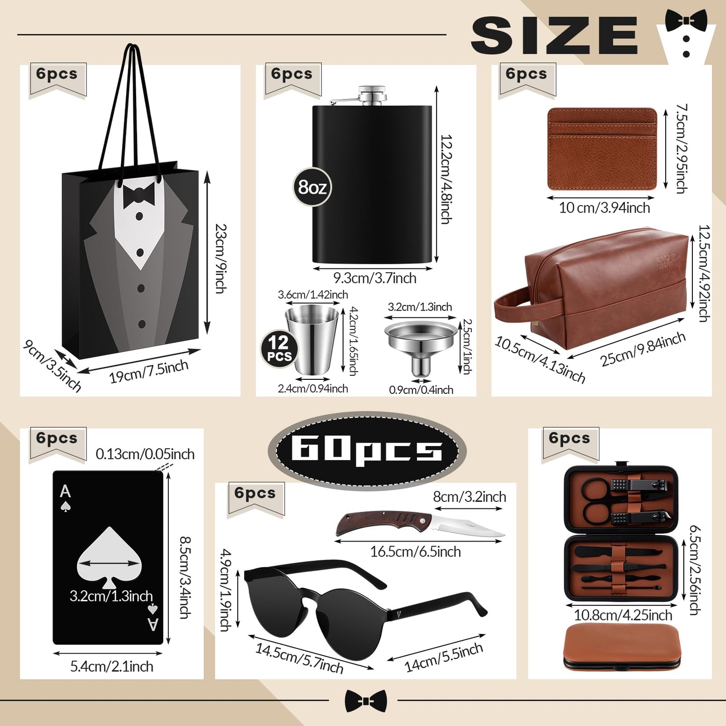 Suclain 60 Pcs Groomsmen Proposal Gift 6 Leather Toiletry Bag 6 Card Bag 6 Manicure Set 6 Stainless Steel Hip Flask Set 6 Poker Bottle Opener 6 Sunglasses 6 Knifes 6 Groomsmen Gift Bags