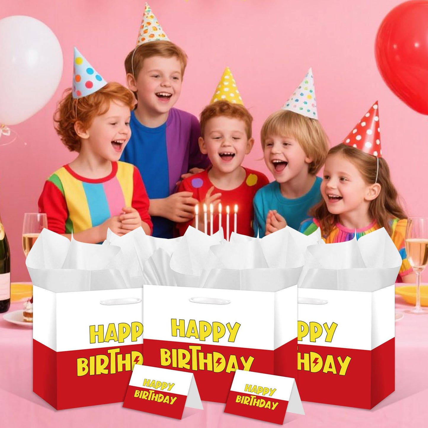 HSKMAKE Cartoon Animation Birthday Gift Bag Large Red White Party Favors Goodie Bag Cartoon Animation Happy Birtthday Gift Bag With Greeting Card Tissue Paper For Party Supplies