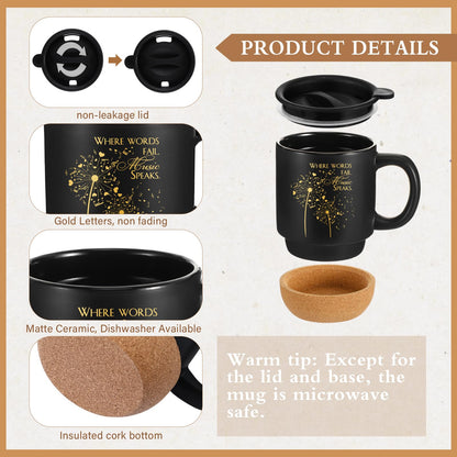 SiliFine 4 Pcs Music Lover Gifts Women Men 15 oz Musician Coffee Mug with Lid Leather Journal Notebook Candle and Pen Set Music Teacher Thank You Gift for Piano Students Birthday Retirement(Black)