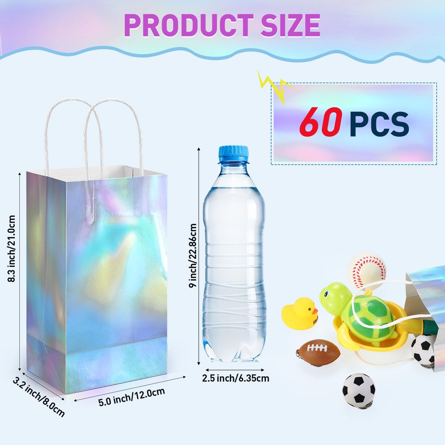 Estune 60 Pcs Iridescent Gift Bag Bulk Thickened Holographic Party Favor Bag with Handle 8.3 x 5 x 3.2in Glossy Paper Candy Goodie Flower Handbag Kpop Disco Wedding Birthday Graduation Party Supply