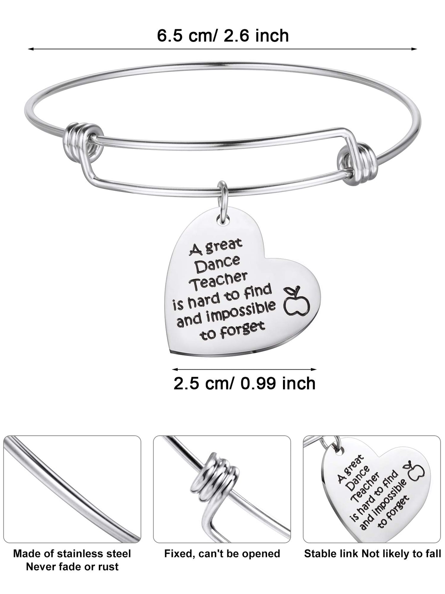 Zhanmai 3 Pieces Dance Teacher Gifts for 2026 Teacher's Day Bracelet Bangle Gift Engraved Appreciation Quotes Expandable Steel Bracelet with Heart Pendant for Women Dance Teacher