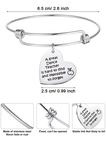 Zhanmai 3 Pieces Dance Teacher Gifts for 2026 Teacher's Day Bracelet Bangle Gift Engraved Appreciation Quotes Expandable Steel Bracelet with Heart Pendant for Women Dance Teacher