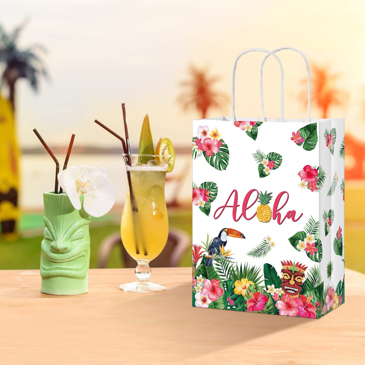Pajean 16 Pack Hawaiian Gift Bag Luau Party Summer Tropical Palm Leaf Paper Bag with Handle for Candy Treat Summer Tropical Aloha Festival Hawaiian Luau Holiday Party Supplies Favor
