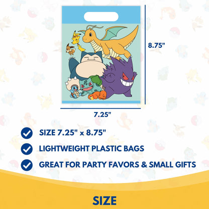 Unique Pokemon Goodie Bags | 16 Count | Plastic Party Favor Bags - Pokemon Birthday Party Decorations and Supplies, includes Checklist | Officially Licensed