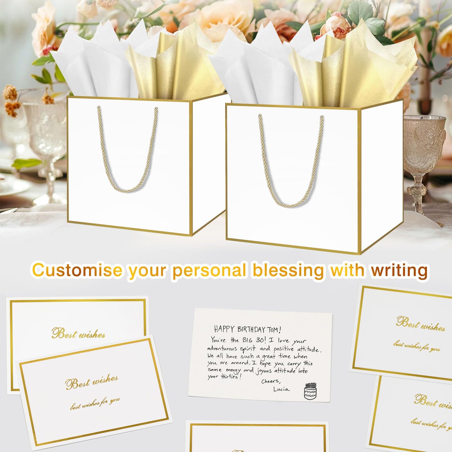 HONTIUS 11.8'' Extra Large Gift Bag Bags, Square Giant xl White Bridesmaid Gift Bag with Tissue Paper and Card for Wedding Birthday Presents Christmas Gifts Women 1PCS