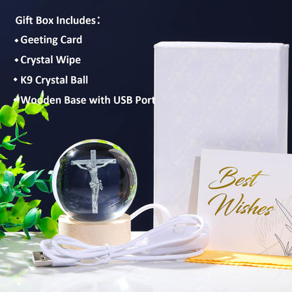 Arikyrist 3D Crystal Cross Jesus Figurine Statue, 3D Jesus Nativity Scene Crystal Ball Night Light with Cross Decor, Laser Engraved Crucifix Easter Decoration Christian Catholic Religious Gifts