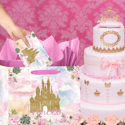 Large Princess Gift Bag Princess Castle Party Favor Bag with Tissue Paper and Cards Princess Candy Goodie Bags Prince Princess Treat Gift Wrapping Paper Bags for Girl Birthday Party Decorations