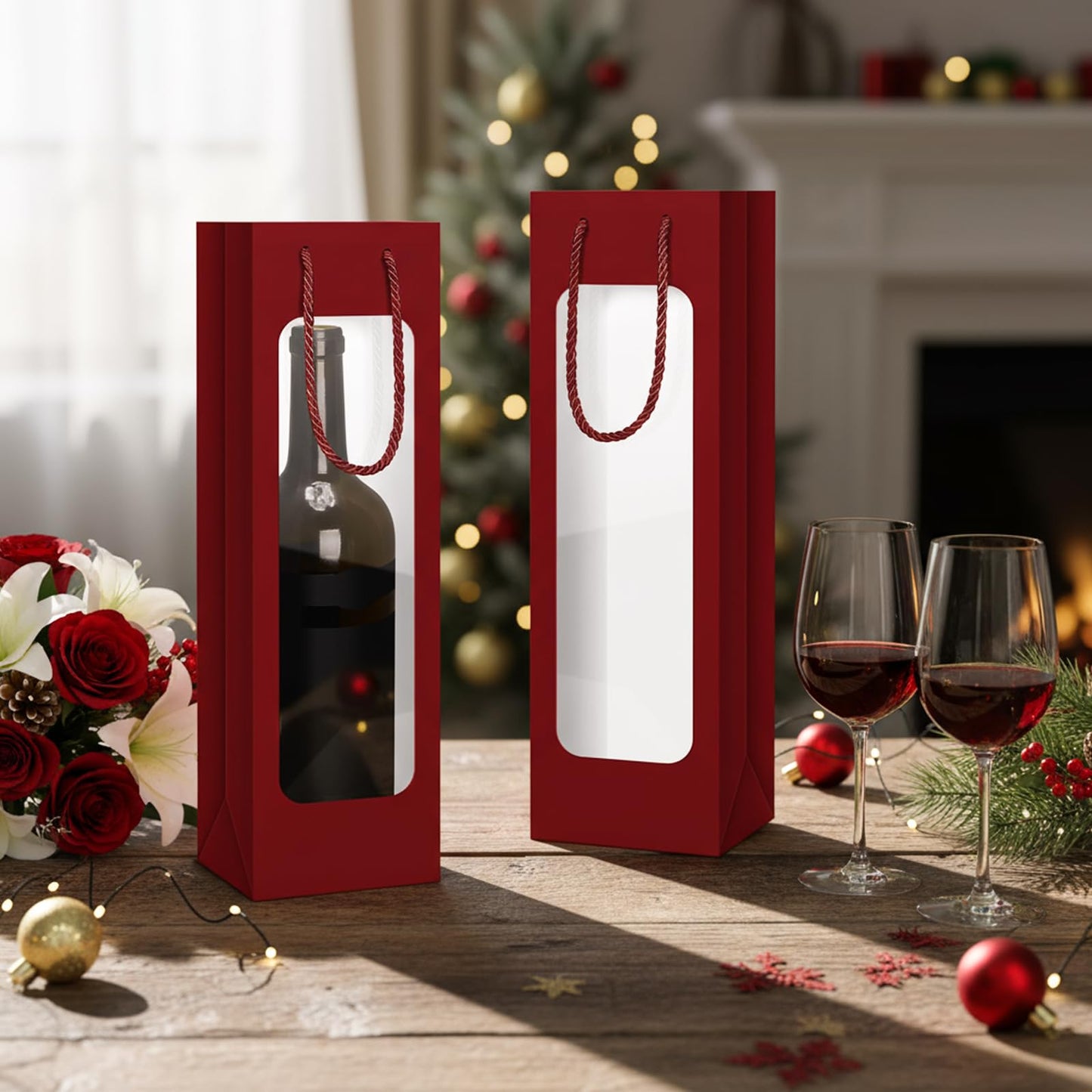 Tioncy 24 Pcs Single Wine Bottle Gift Bag Bulk Wedding Champagne Boxes with Clear Window Handles Reusable Holiday Party Favor(Burgundy)