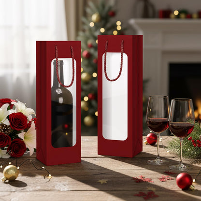Tioncy 24 Pcs Single Wine Bottle Gift Bag Bulk Wedding Champagne Boxes with Clear Window Handles Reusable Holiday Party Favor(Burgundy)