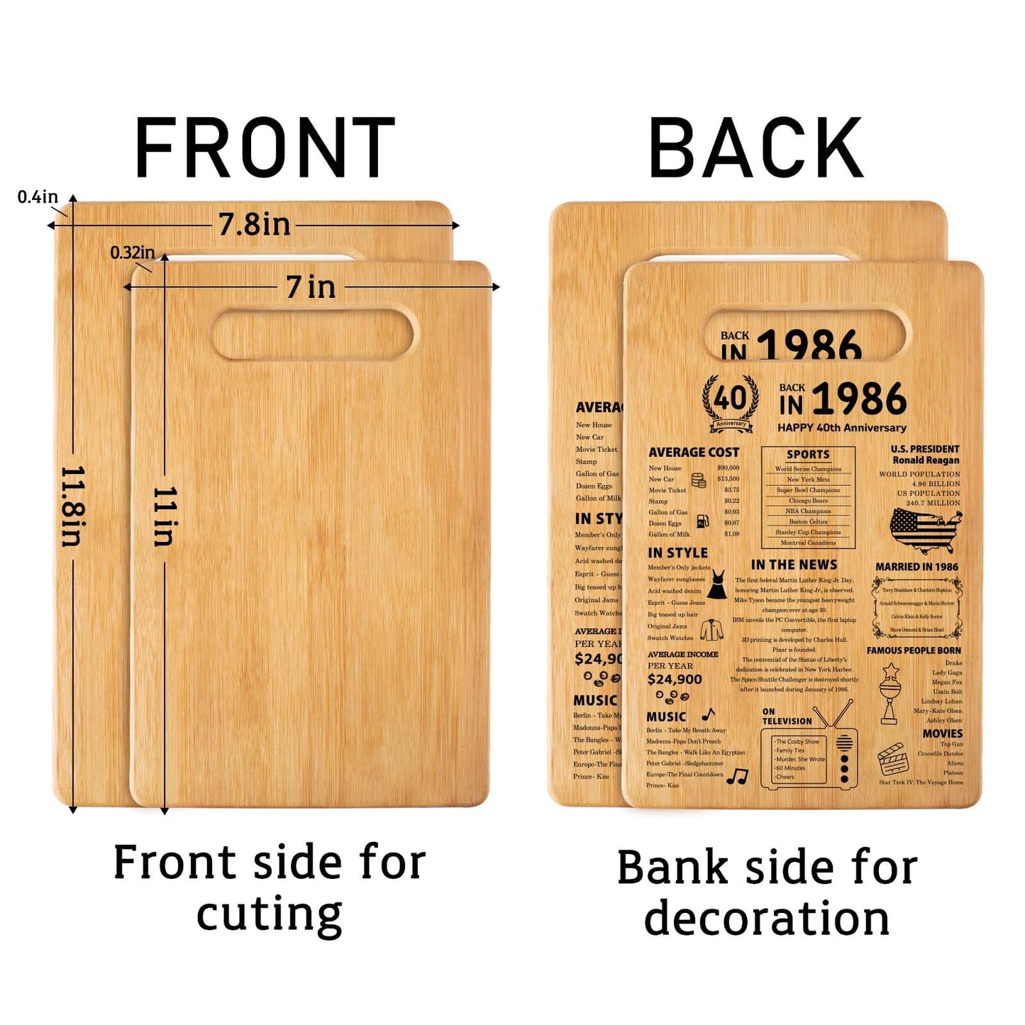 40th Wedding Anniversary Cutting Board Gifts for Women Men Marriage Gifts for Couple 1986 Poster Back In 1986 40th Anniversary Decorations 100% Organic Bamboo Pre Oiled 11"L x 7"W x 0.5"Th