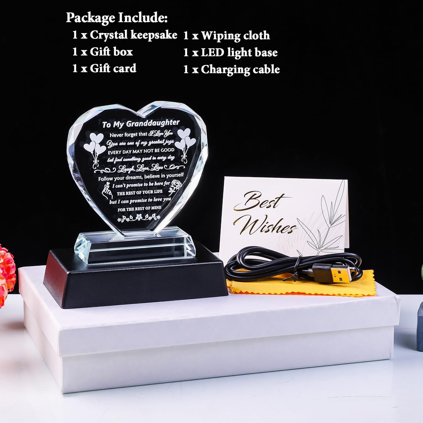 YWHL Granddaughter Gifts from Grandma Grandpa Birthday Gifts for Granddaughter Crystal Keepsake with Colorful Base Meaningful Gift for Granddaughters from Nana on Christmas Wedding Graduation