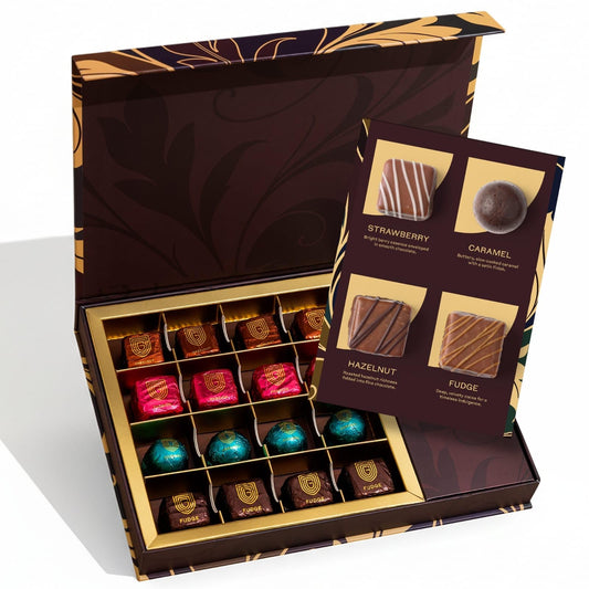 Gourmet Chocolate Gift Box | Mothers Day Assorted Chocolate Box with Strawberry, Caramel, Hazelnut & Fudge Flavors | Premium Candy Gift Set for Holiday. 16 pcs.