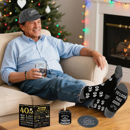 40th Birthday Gifts for Men, Unique Gift Ideas for 40th Birthday Men Who Have Everything, 1986 40 Year Old Birthday Gift Baskets for Man Whiskey Glass Baseball Cap Socks Toilet Paper