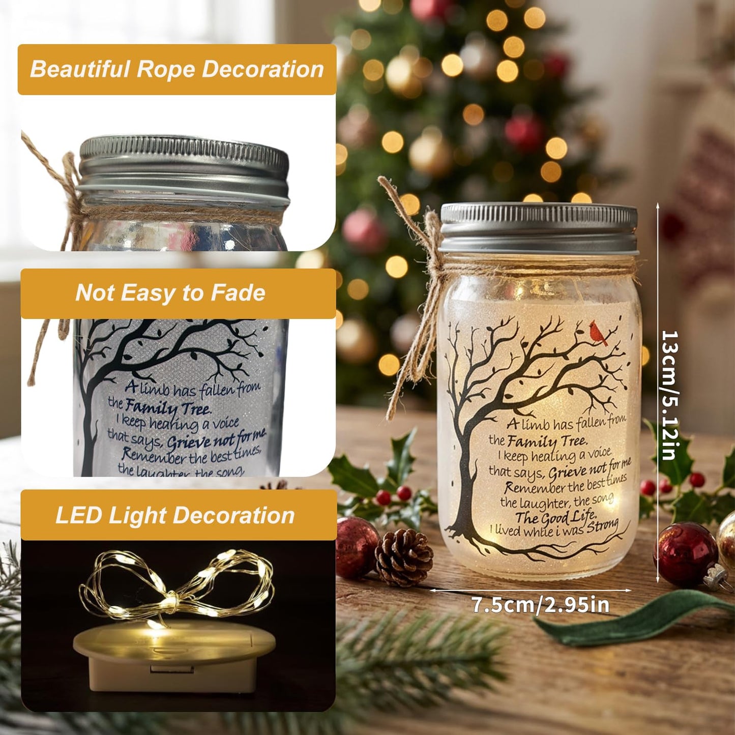 Memorial Gifts Mason Jar Light, Red Cardinal - Memory Gifts for Loss Loved Ones, Bereavement Gift Idea, A Limb Has Fallen From Our Family Tree (Red Cardinal)