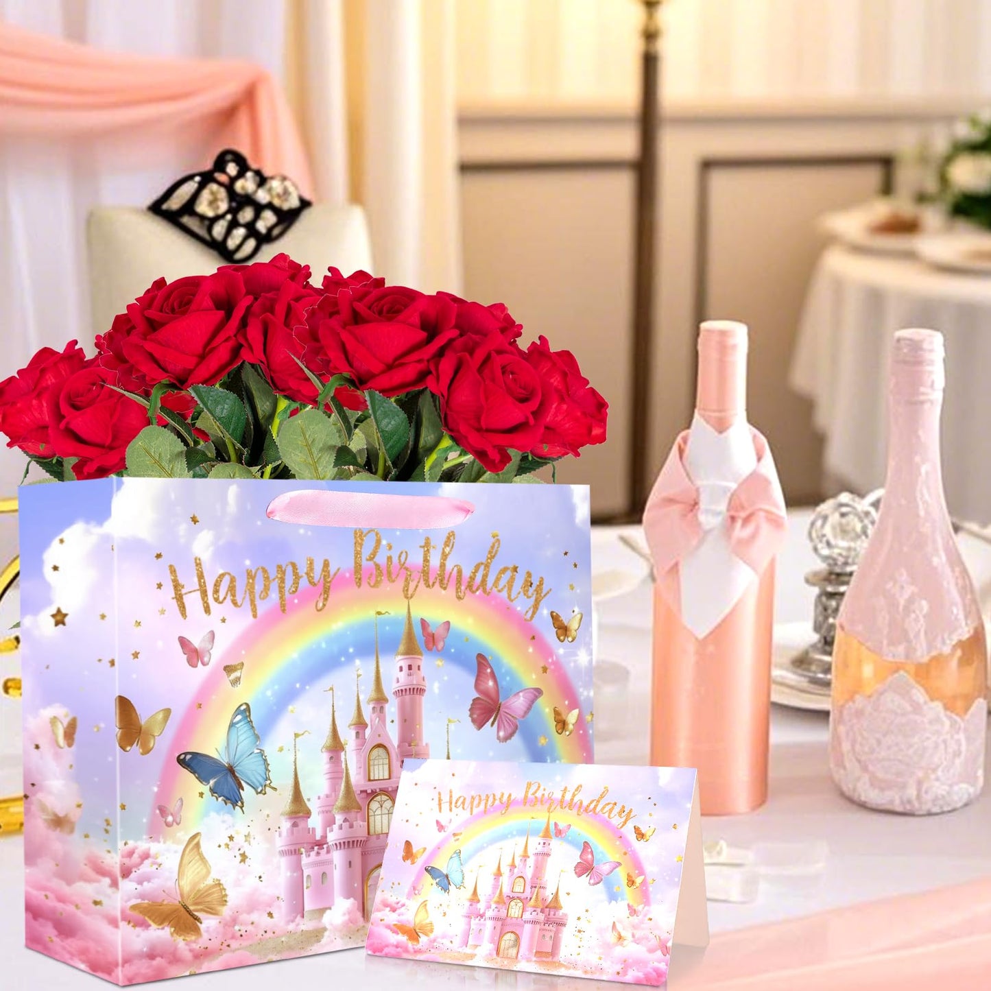 JOARHONAL Princess Castle Gift Bag - 13" Large Happy Birthday Gift Bag with Tissue Paper and Card for Girls Kids Pink Princess Themed Birthday Party Supplies