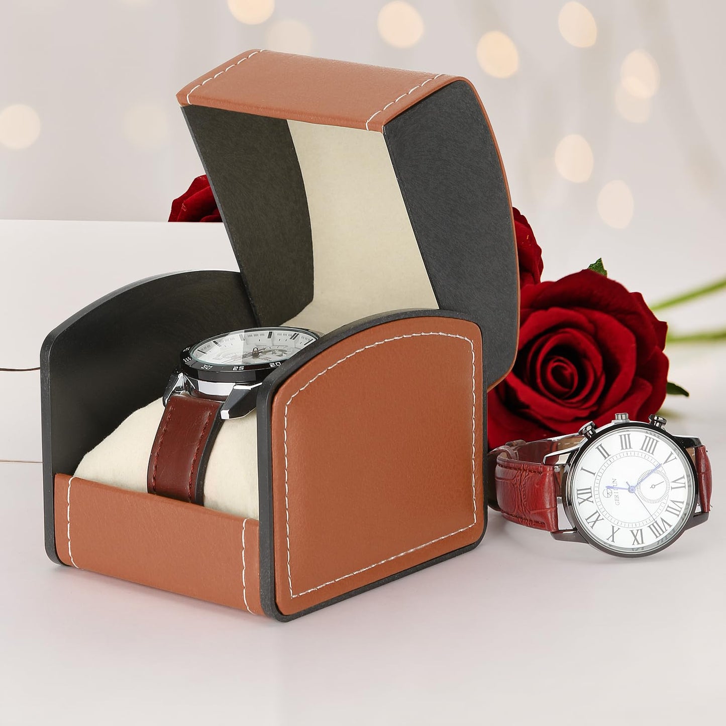 Luxury Single Watch Gift Box with Removable Pillow, PU Leather Single Watch Case Wristwatch Jewelry Storage Display Holder Cases for Men and Women (Brown)