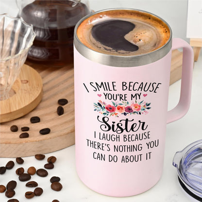 Lifecapido Sister Gifts from Sisters, I Smile Because You’re My Sister 20oz Insulated Coffee Mug with Keychain, Birthday Christmas Mothers Day Gifts for Sisters, Rose Quartz