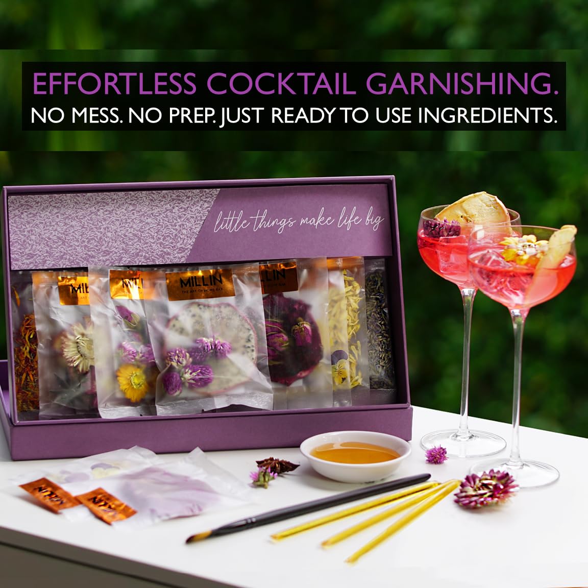 MILLIN Cocktail Garnish Gift Set – Edible Flowers & Dehydrated Fruits | Premium Bar Accessories | Unique Gift for Her | Holiday gifting
