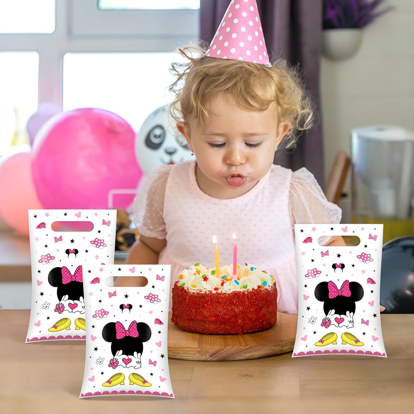 50 Pieces Pink Mouse Small Party Favor Bags Cute Mouse Head Birthday Plastic Gift Treat Bags for Kids Girls Pink Birthday Candy Snack Bag Baby Shower Party Supplies