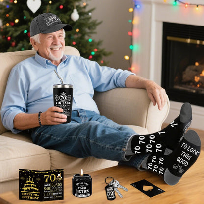 70th Birthday Gifts for Men - Unique Birthday Box with 20 Oz Tumbler, Baseball Cap, Socks, Bracelets, Scented Candle, Happy 70th Birthday Decorations for Husband, Dad, Grandpa, Friends, Boss