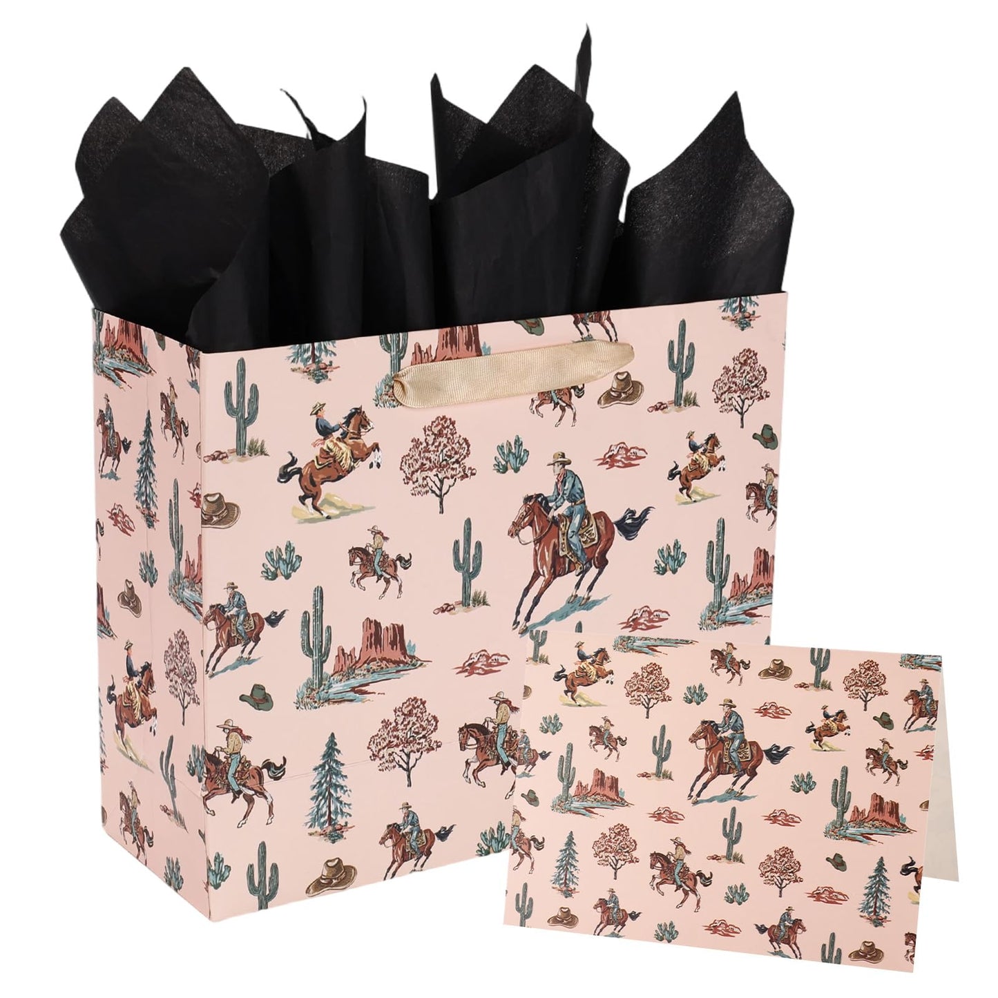 Fukaisu Cowboy Gift Bag, Western Cowboy Theme Party Favor Horse Bags with Tissue Paper Card & Envelop for Cowgirl Birthday Decorations Rodeo Wild West Supplies Goodie Candy