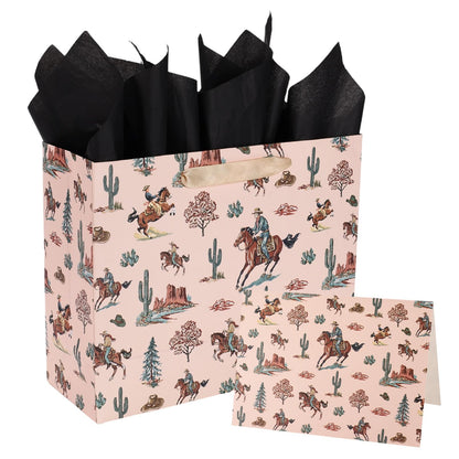 Fukaisu Cowboy Gift Bag, Western Cowboy Theme Party Favor Horse Bags with Tissue Paper Card & Envelop for Cowgirl Birthday Decorations Rodeo Wild West Supplies Goodie Candy