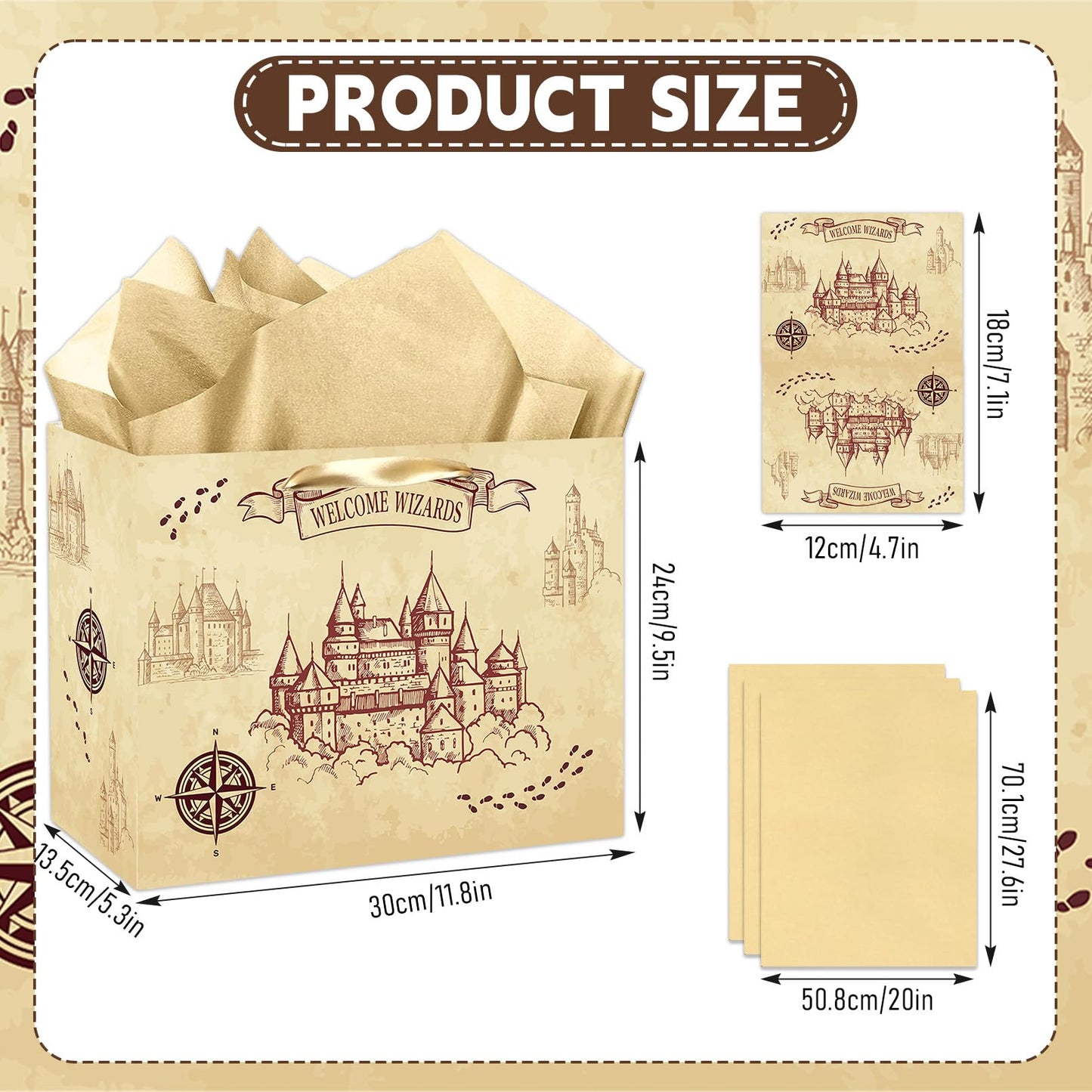 Magical Wizard Gift Bag, Large Wizard Theme Birthday Gift Bag, with Card and Tissue Paper, Christmas Party Favors Supplies for Baby Shower, Kids, Boys, Girls, Birthday, Christmas Celebrations