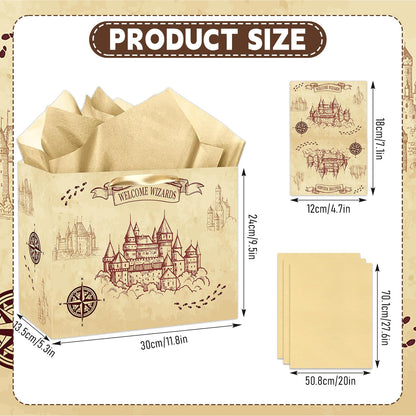 Magical Wizard Gift Bag, Large Wizard Theme Birthday Gift Bag, with Card and Tissue Paper, Christmas Party Favors Supplies for Baby Shower, Kids, Boys, Girls, Birthday, Christmas Celebrations