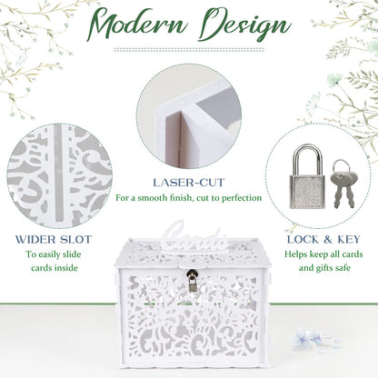 White Wedding Card Box with Lock, PVC Gift Card Box for Wedding Reception, DIY Wedding Money Envelope Box for Party Graduation Birthday Baby Shower Decorations