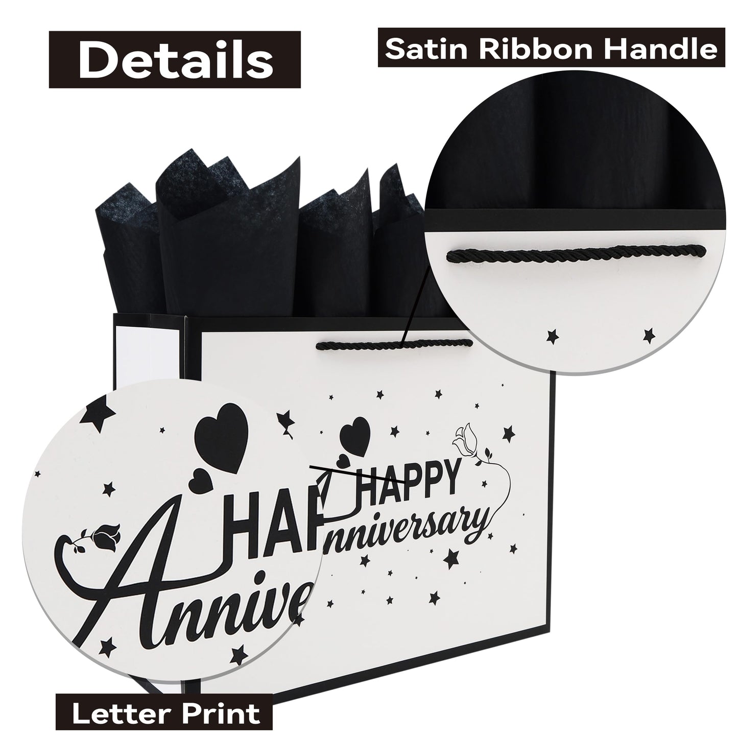 Qirrmiy 13'' Large Anniversary Design Gift Bag Set with Handles, Greeting Card, Black Tissue Papers and Stickers for Women Men Husband Wife Boyfriend Girlfriend or Romantic, Anniversary Design, 1 Pcs