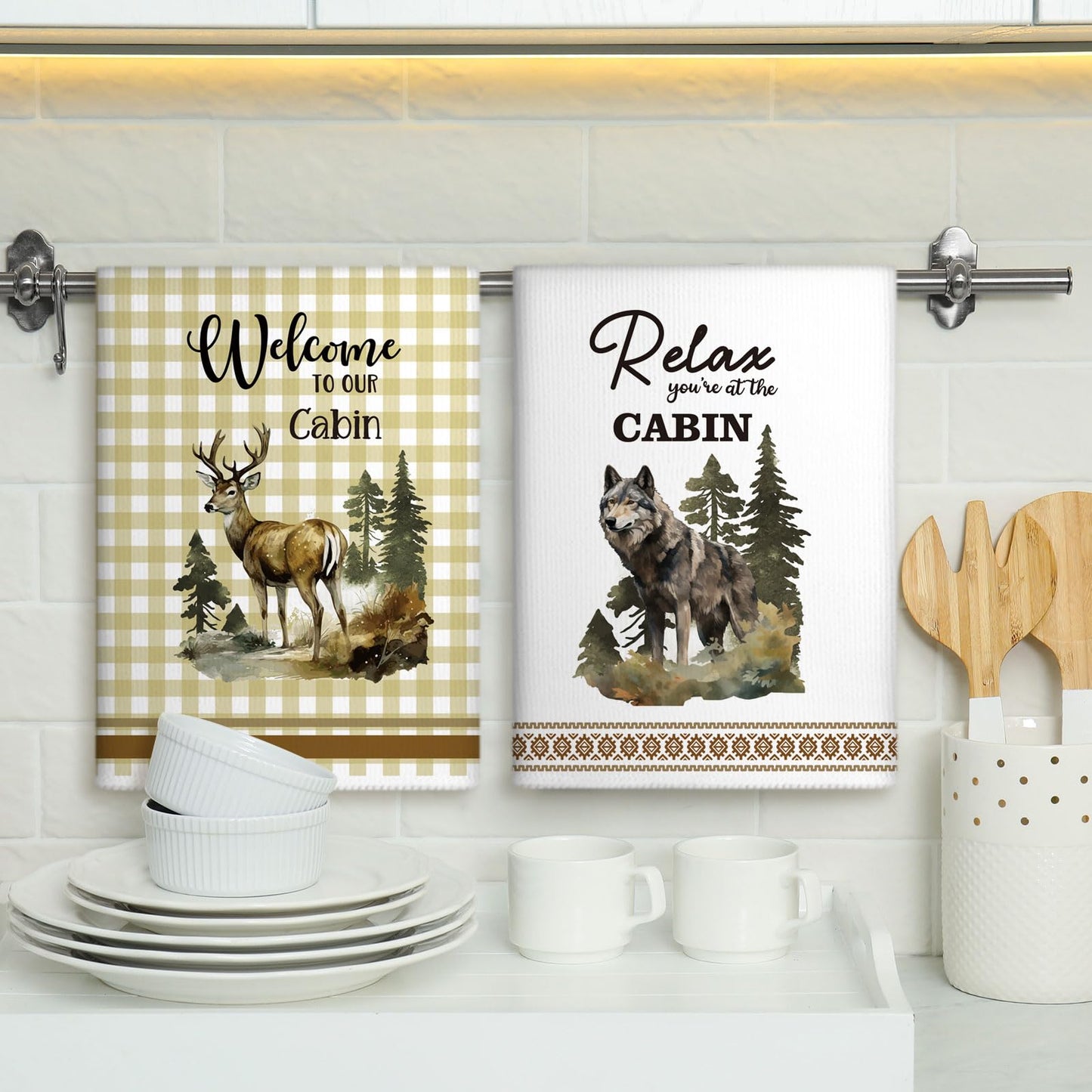 Buryeah 4 Pcs Cabin Kitchen Towels Set 23. 6 x 16 Inches Wildlife Deer Bear Dish Towels Log Rustic Cabin Decor Soft Absorbent Hand Tea Dishcloth for Home Kitchen Bathroom Farmhouse Campers
