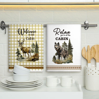 Buryeah 4 Pcs Cabin Kitchen Towels Set 23. 6 x 16 Inches Wildlife Deer Bear Dish Towels Log Rustic Cabin Decor Soft Absorbent Hand Tea Dishcloth for Home Kitchen Bathroom Farmhouse Campers