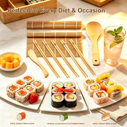 Bamboo Sushi Making Kit for Beginners, 9 Piece Sushi Rolling Mat Set with Chopsticks, Traditional Sushi Roller Kit & Sushi Maker, Cooking Kit for Adults, Family DIY & Date Night Gift