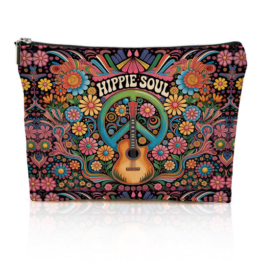 Hippie Gifts Makeup Bag Vintage Guitar Flower Cosmetic Bags Hippie Decor Stuff Portable Travel Toiletry Bag for Women Friends Mom Sister Guitar Lovers Coworker Birthday Christmas Retirement Gifts