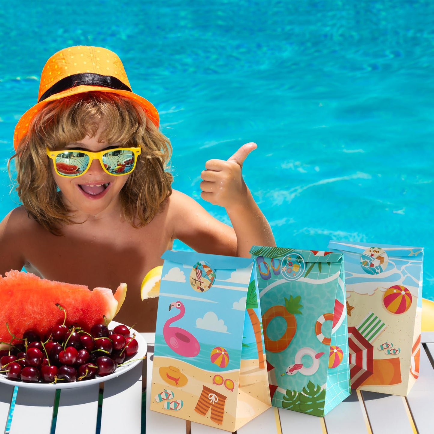 HEJIN 30 PCS Pool Party Favor Bags with 36 Stickers, Summer Gift Bags Pool Party Decorations Supplies for Kids, Mermaid Goodie Bags Beach Gifts for Birthday, Baby Showers, Wedding