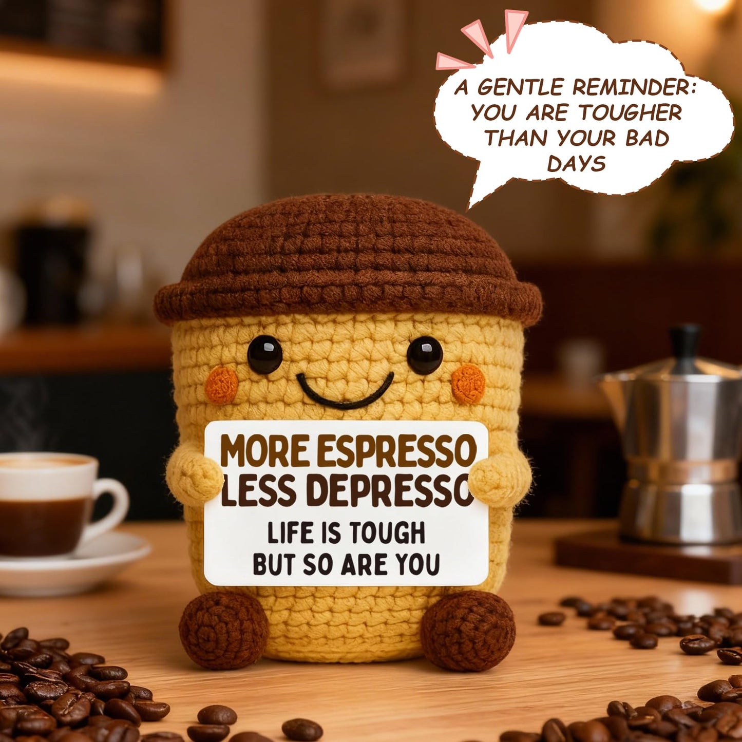 Funny Coffee Lover Gifts for Women Men - Encouragement Gifts for Coworker Friend - Handmade Crochet Coffee - Unique Inspirational Desk Decor & Thinking of You Gift